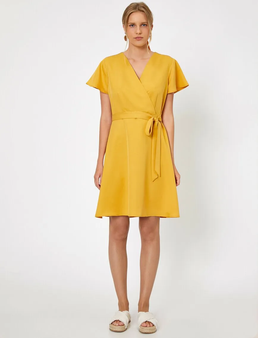 15109 Yellow Wrap Collar Dress