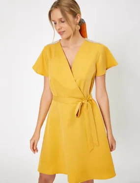 15109 Yellow Wrap Collar Dress