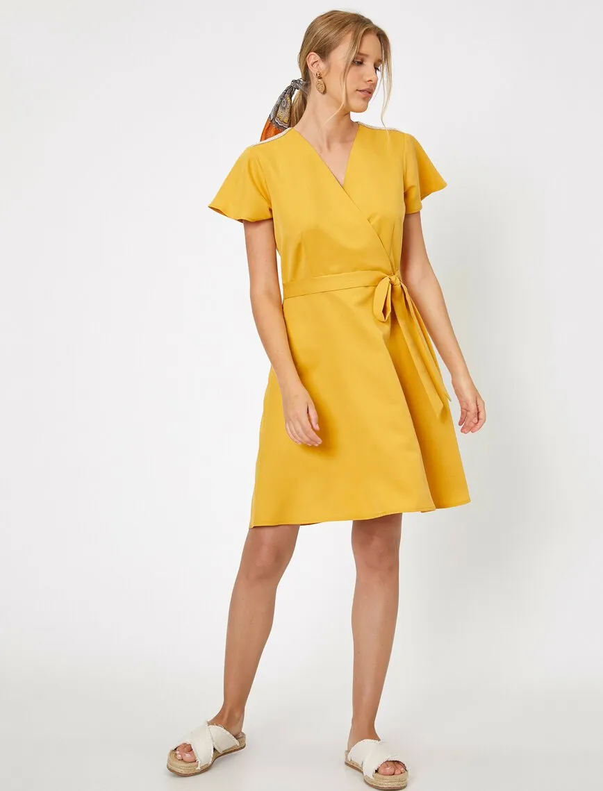 15109 Yellow Wrap Collar Dress