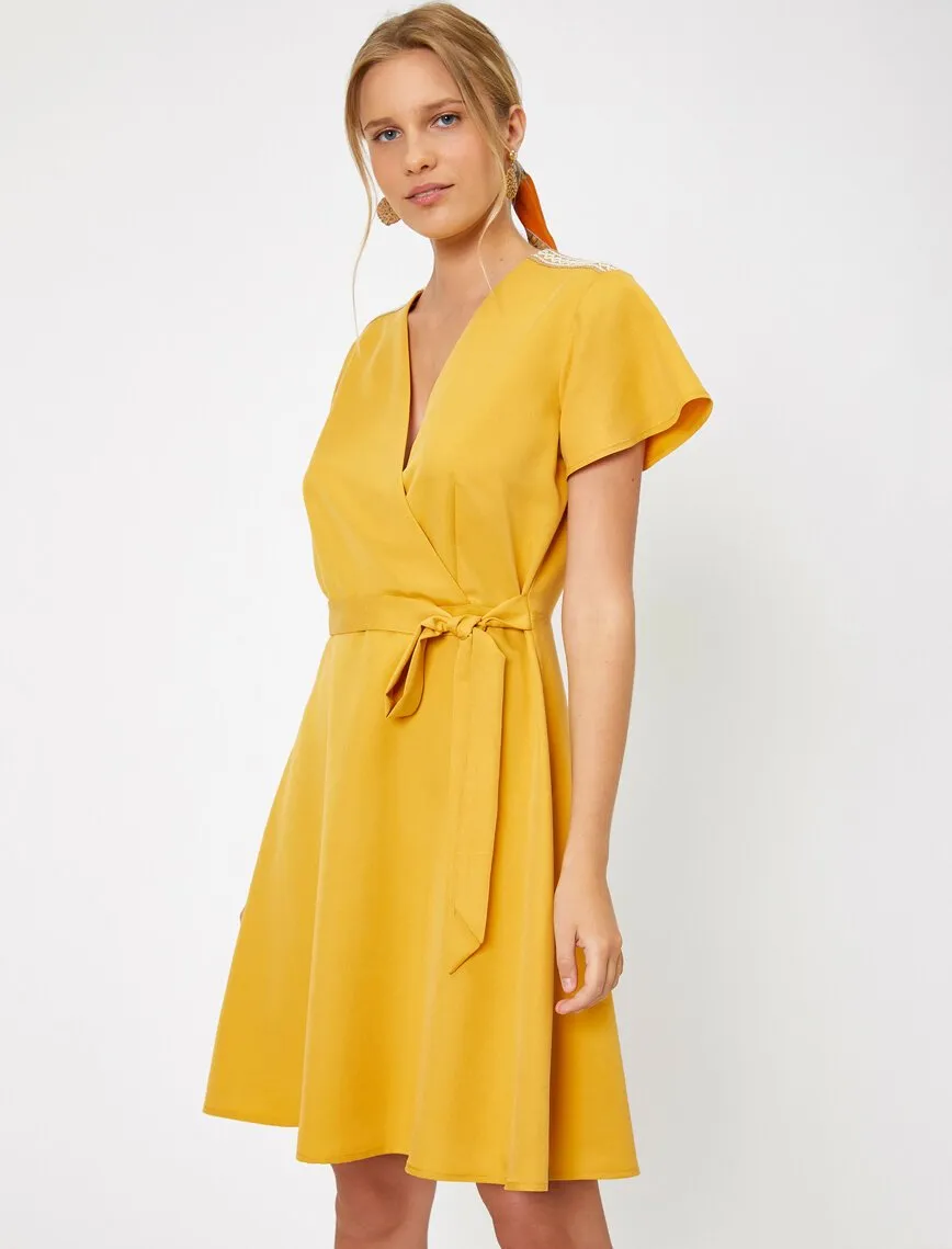 15109 Yellow Wrap Collar Dress