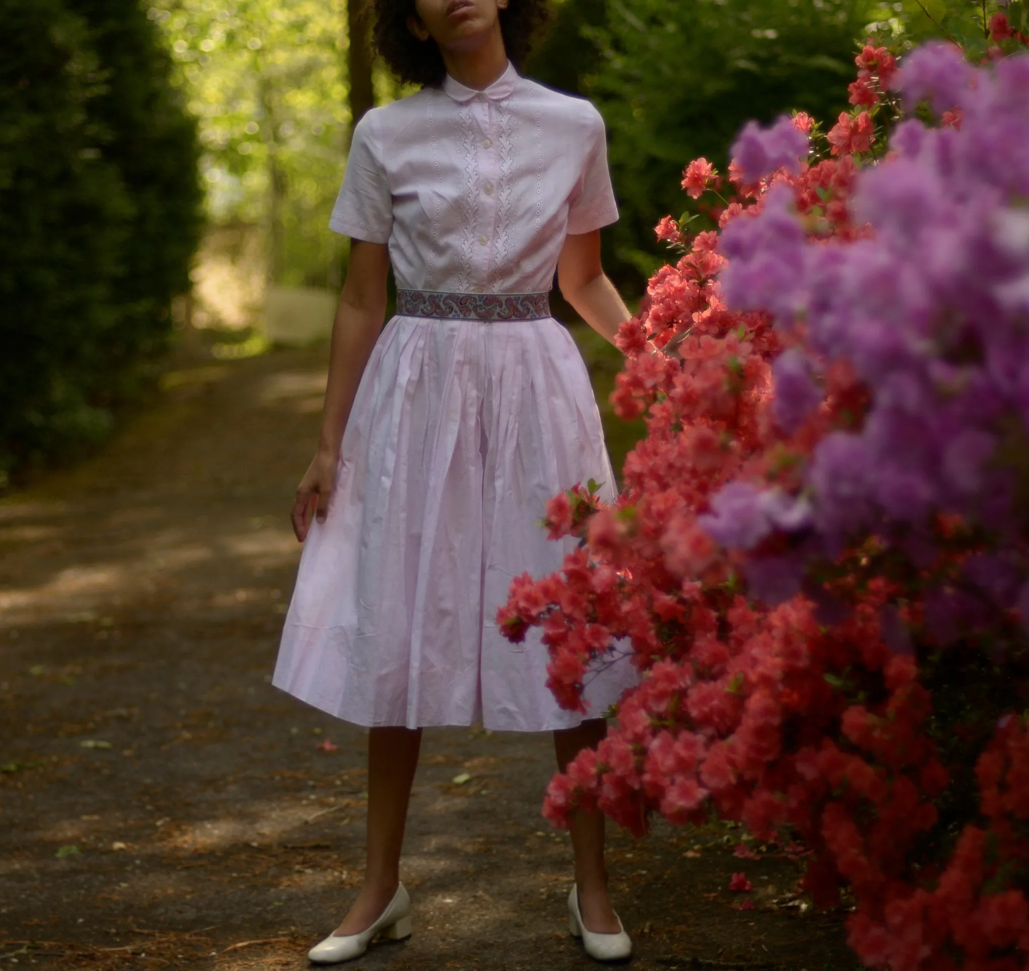 1950s swiss cotton fit and flare dress with embroidered cutwork on bodice // 25" waist, small