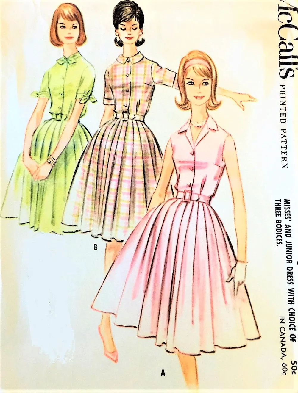 1960s McCALLS 5774 Shirtwaist Dress Pattern Three Pretty Bodice Versions Bust 35 Vintage Sewing Pattern