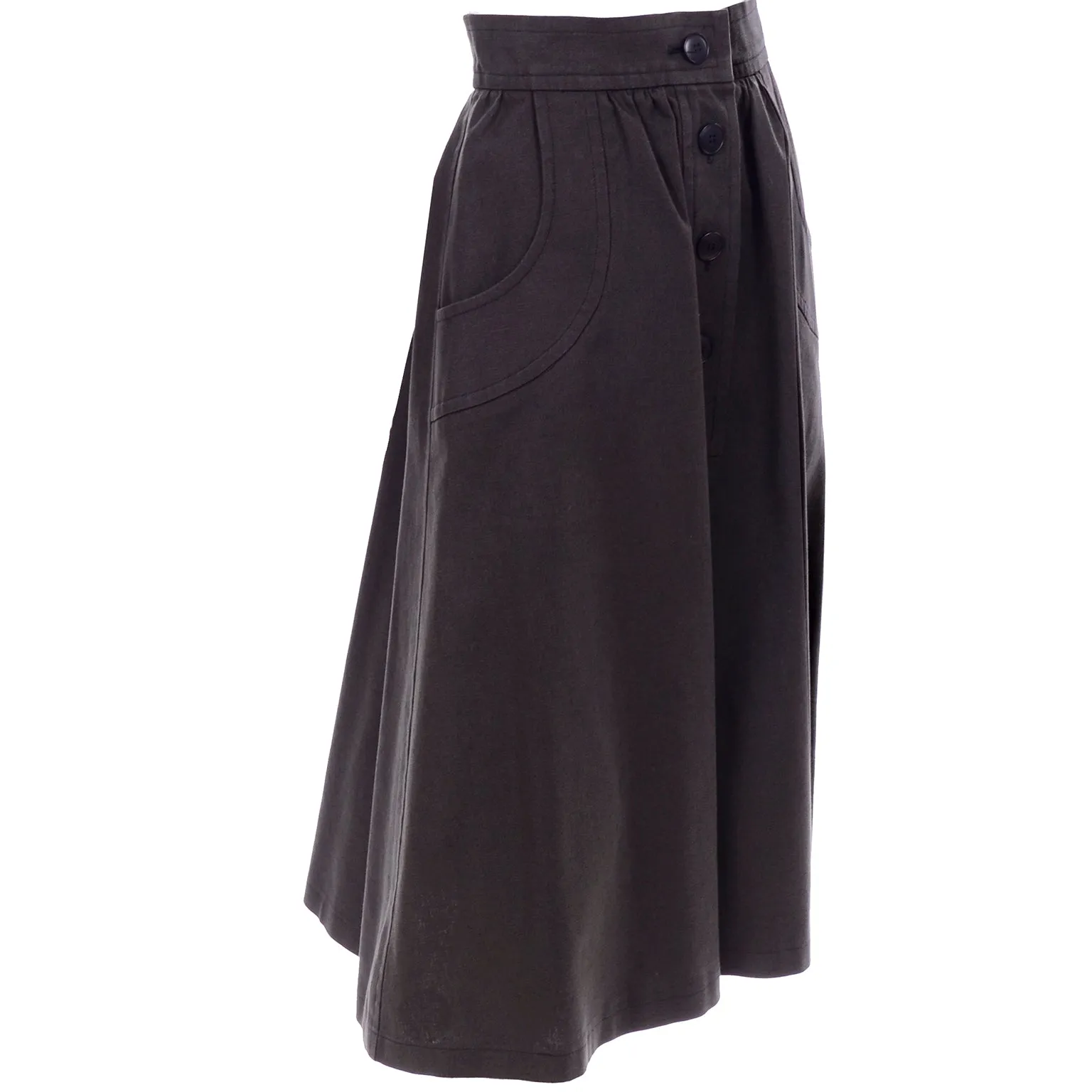 1970s Vintage Yves Saint Laurent Dark Khaki Brown Skirt