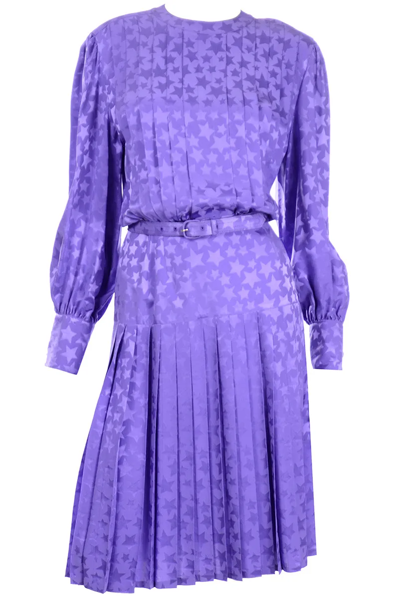 1980s Adele Simpson Vintage Purple Silk Star Print Dress