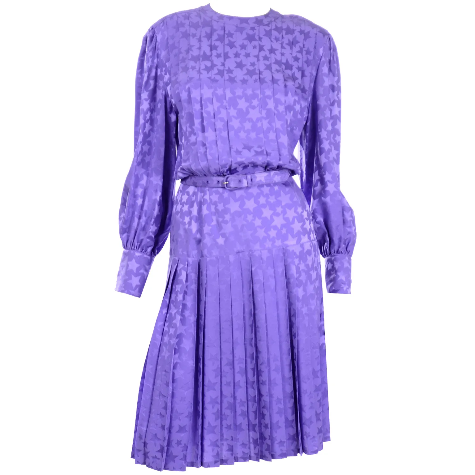 1980s Adele Simpson Vintage Purple Silk Star Print Dress