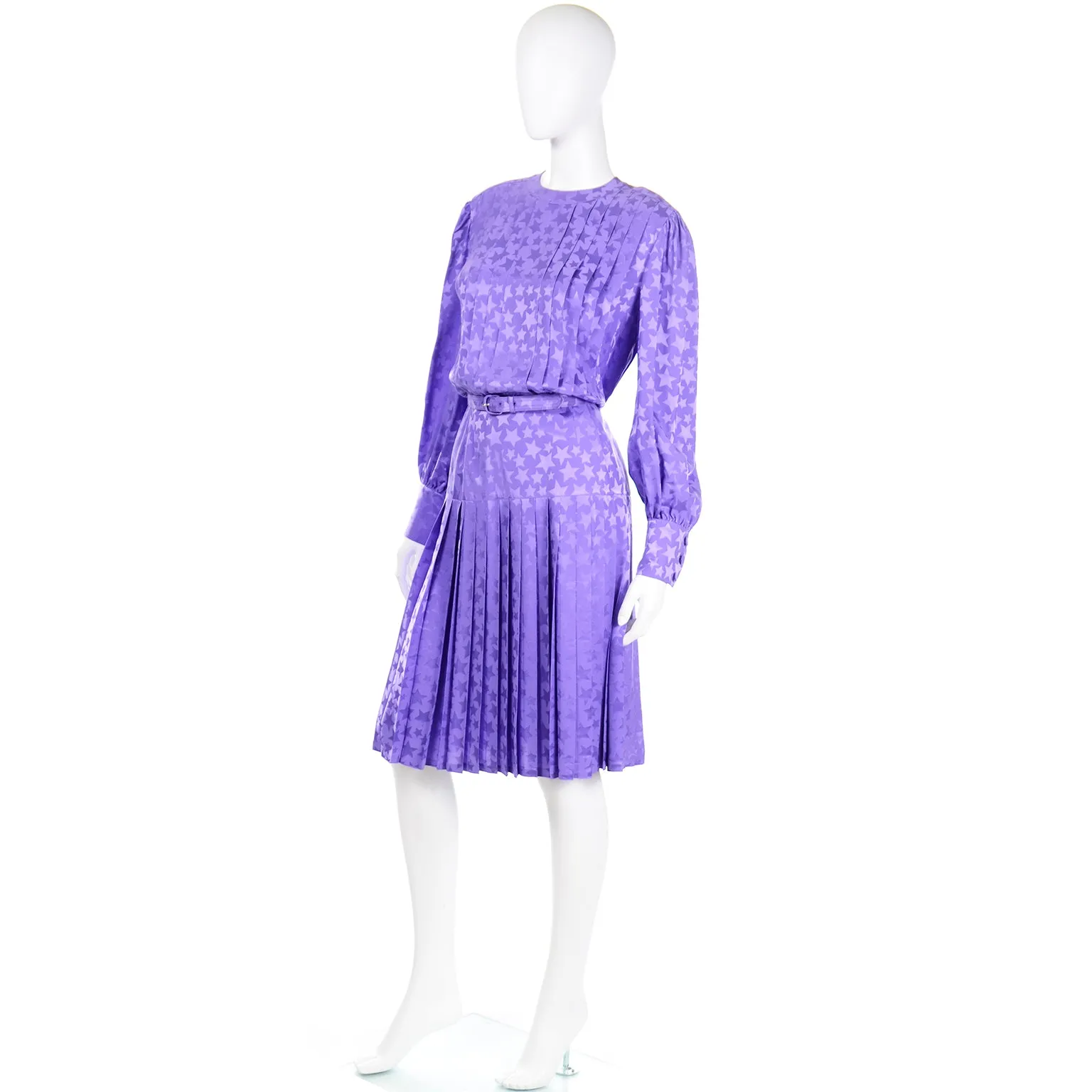 1980s Adele Simpson Vintage Purple Silk Star Print Dress