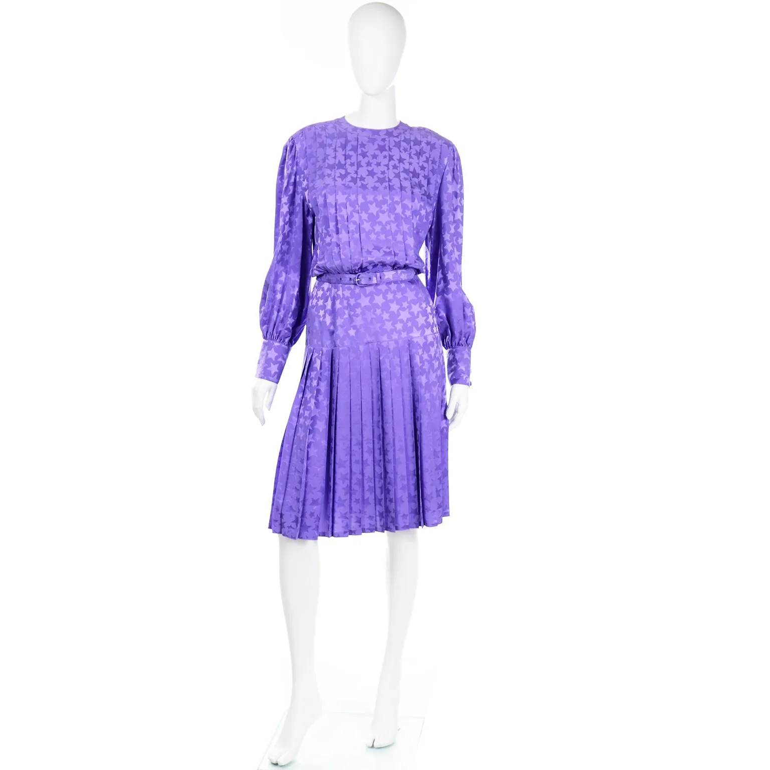 1980s Adele Simpson Vintage Purple Silk Star Print Dress