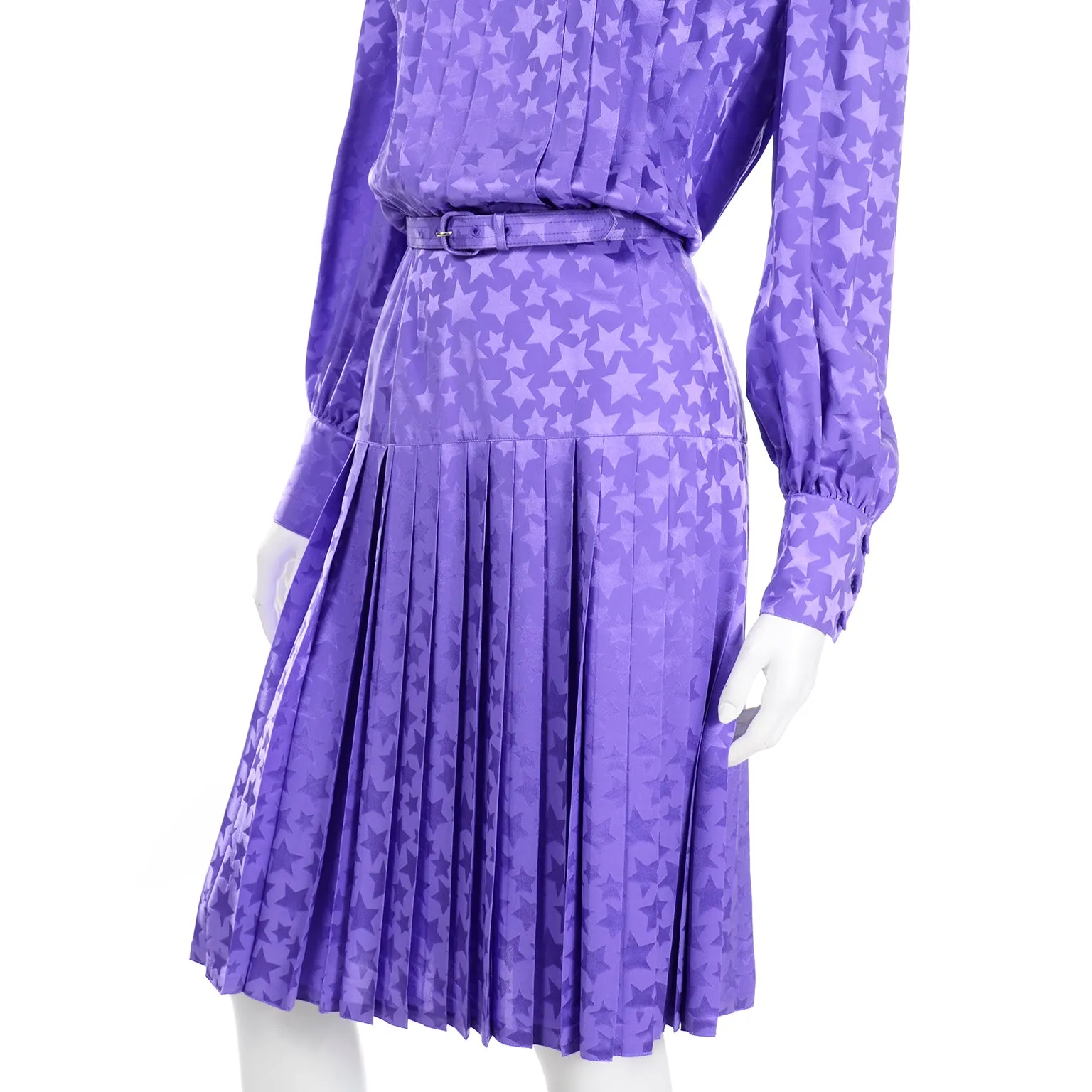 1980s Adele Simpson Vintage Purple Silk Star Print Dress