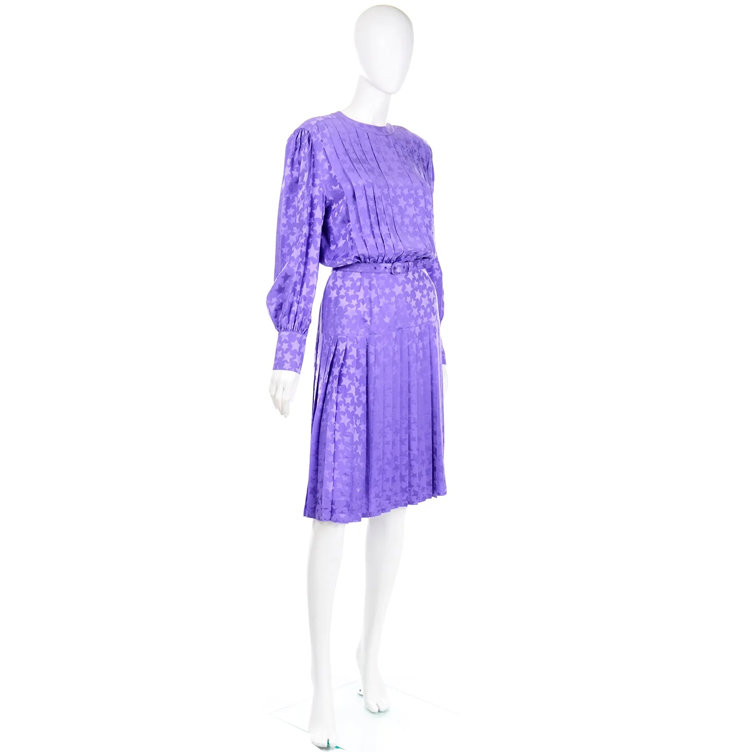 1980s Adele Simpson Vintage Purple Silk Star Print Dress