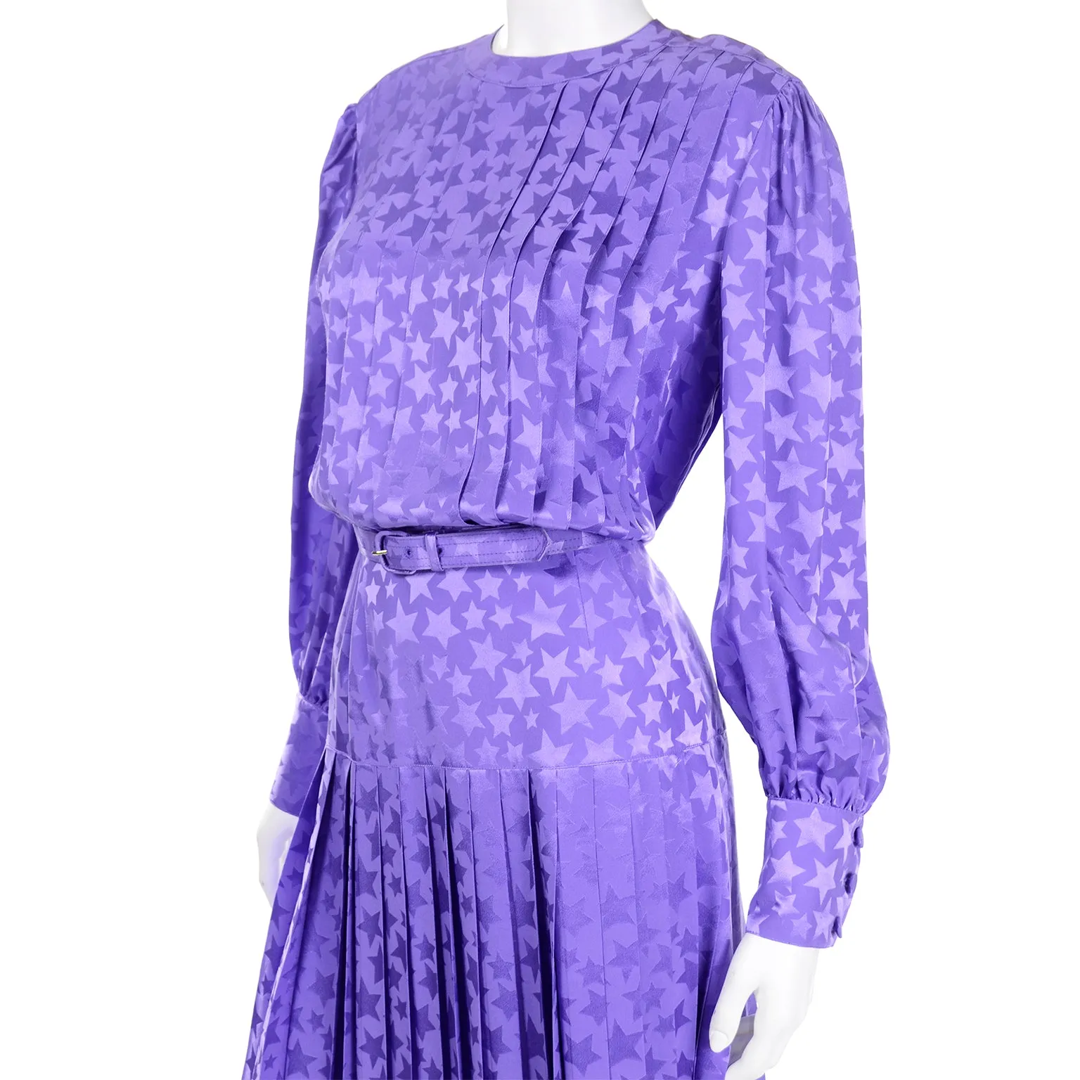 1980s Adele Simpson Vintage Purple Silk Star Print Dress