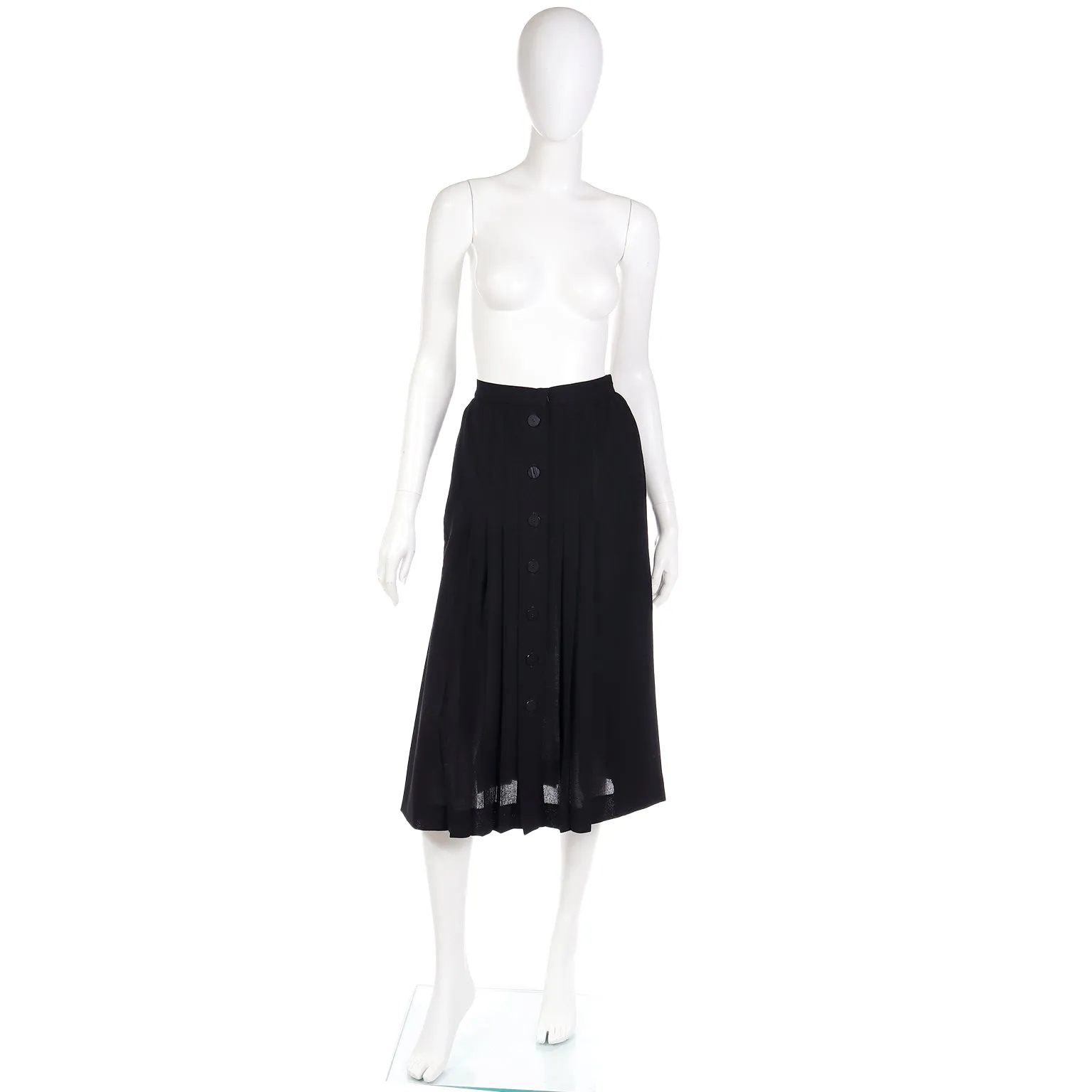 1990s Yves Saint Laurent Fine Black Wool Crepe Pleated Skirt