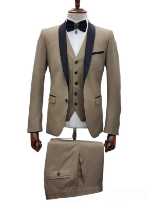 2 Button Tan Slim Fit Suit with Black Shawl Lapel FF2SSX V-1230