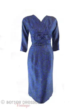 50s/60s Blue Floral Silk Dress - med