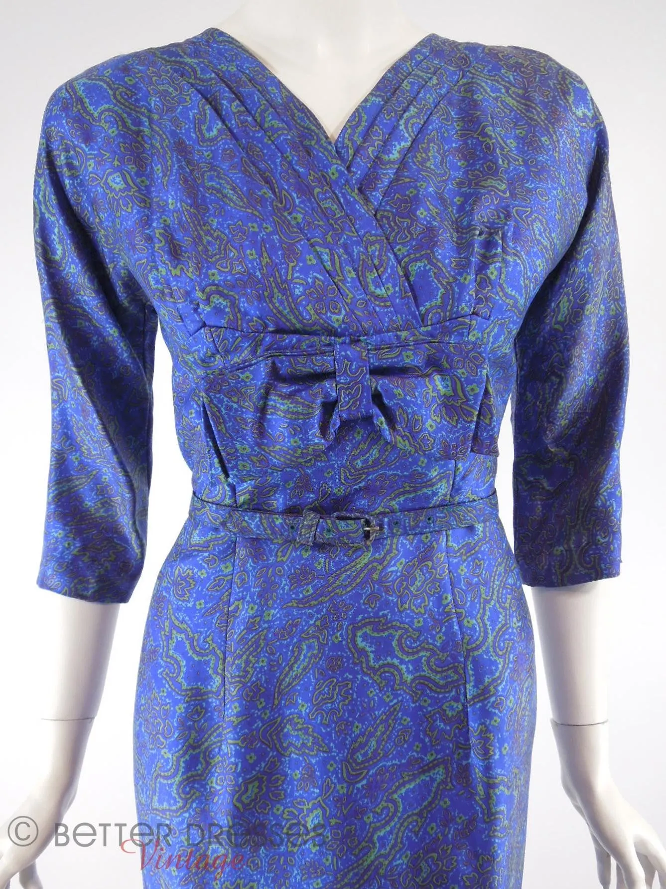 50s/60s Blue Floral Silk Dress - med