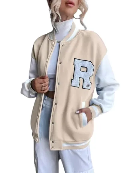 A to Z CREATION Stylish Long sleeve Letterman Varsity Jacket for Women (Medium, Beige)