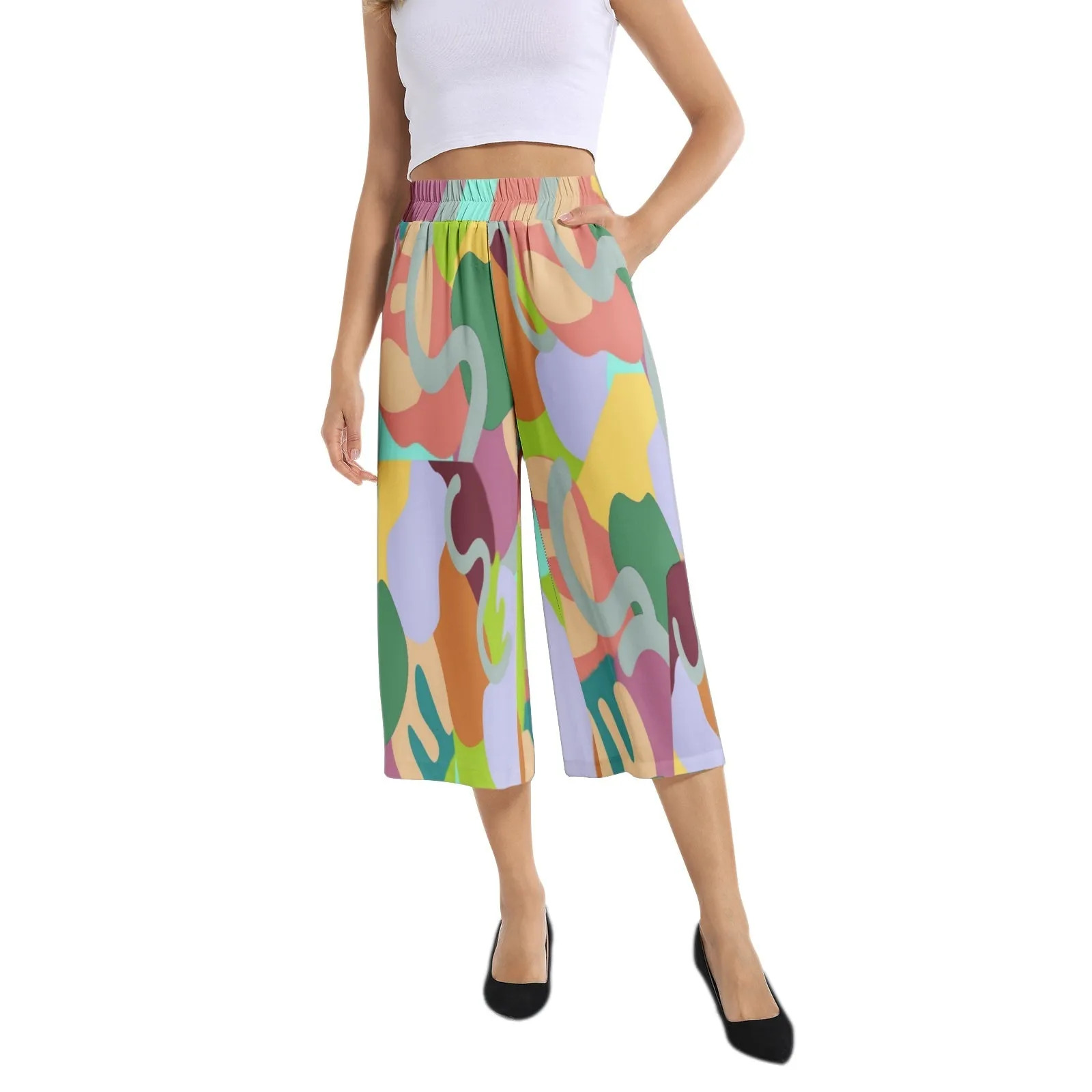 Abstract Wild Elastic Waist Capris Wide Leg Pant