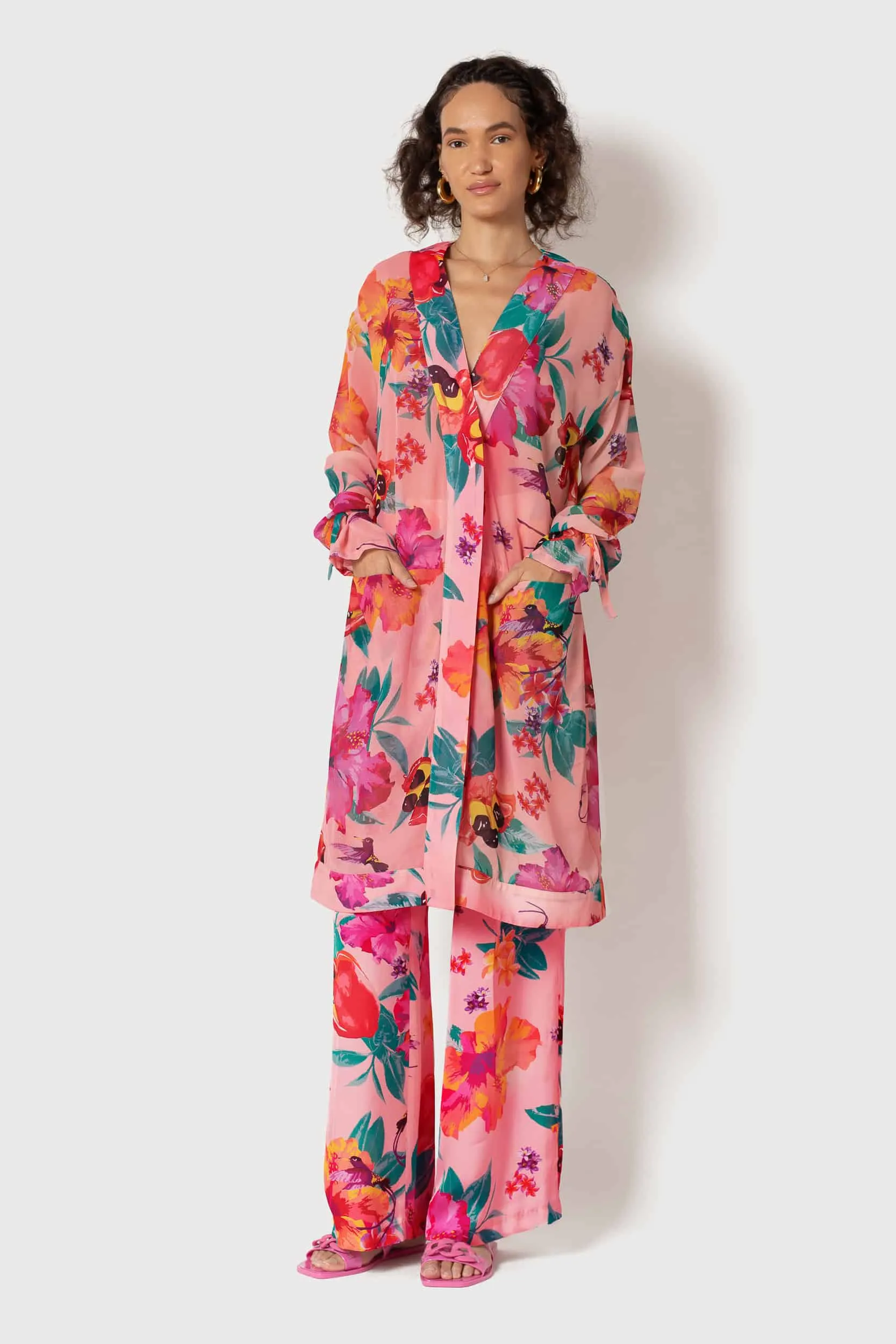 Ackee Print Tie Sleeve Chiffon Painter's Robe