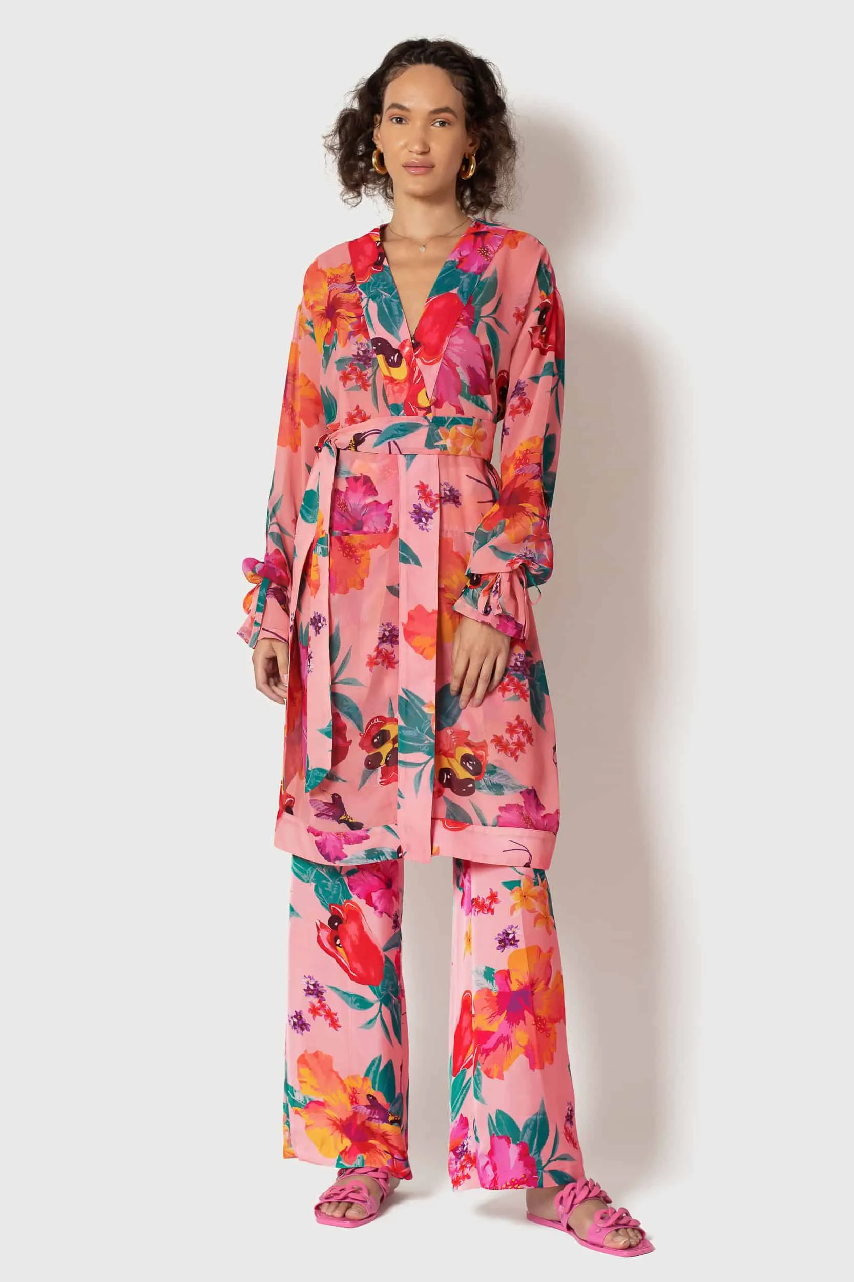 Ackee Print Tie Sleeve Chiffon Painter's Robe