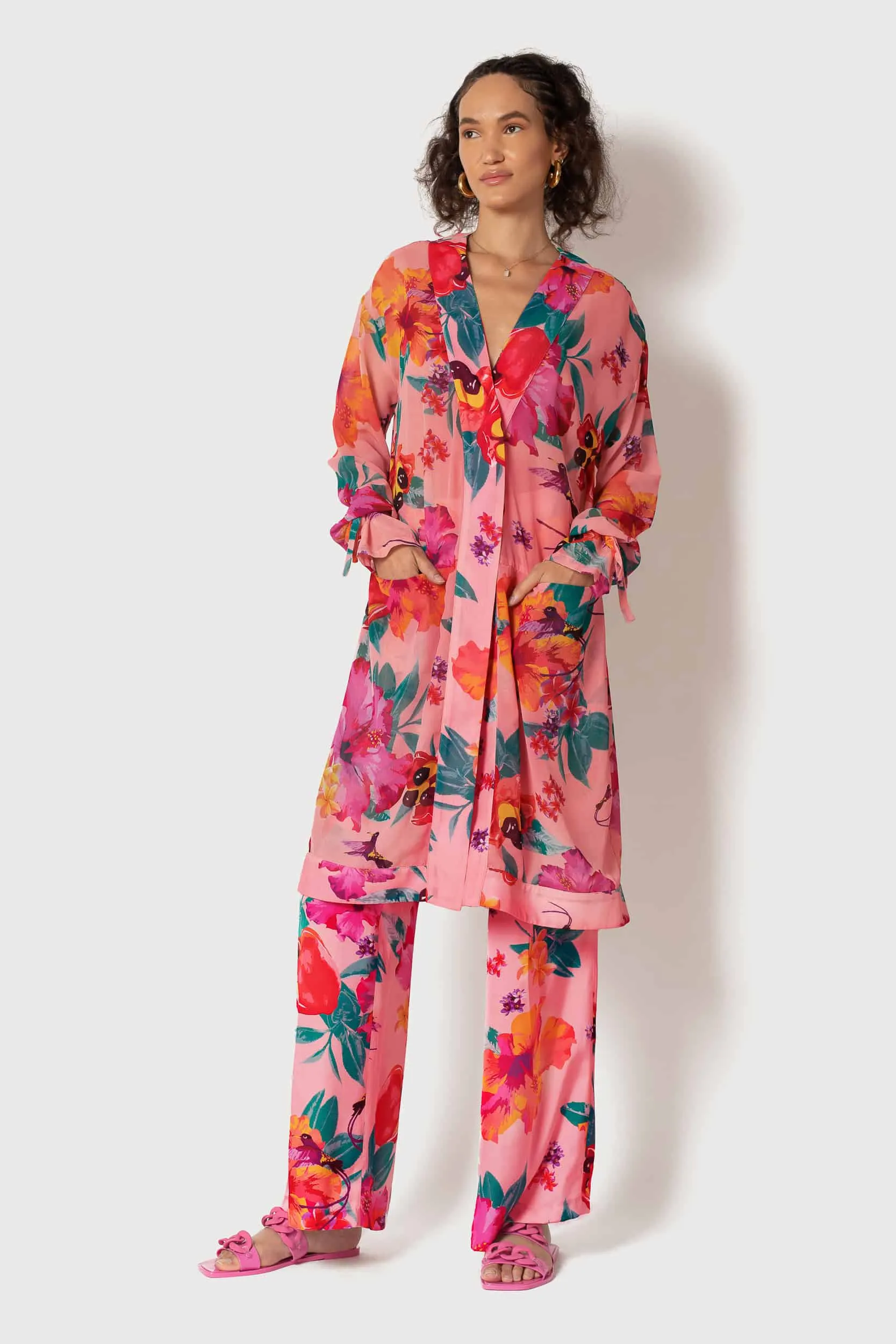 Ackee Print Tie Sleeve Chiffon Painter's Robe