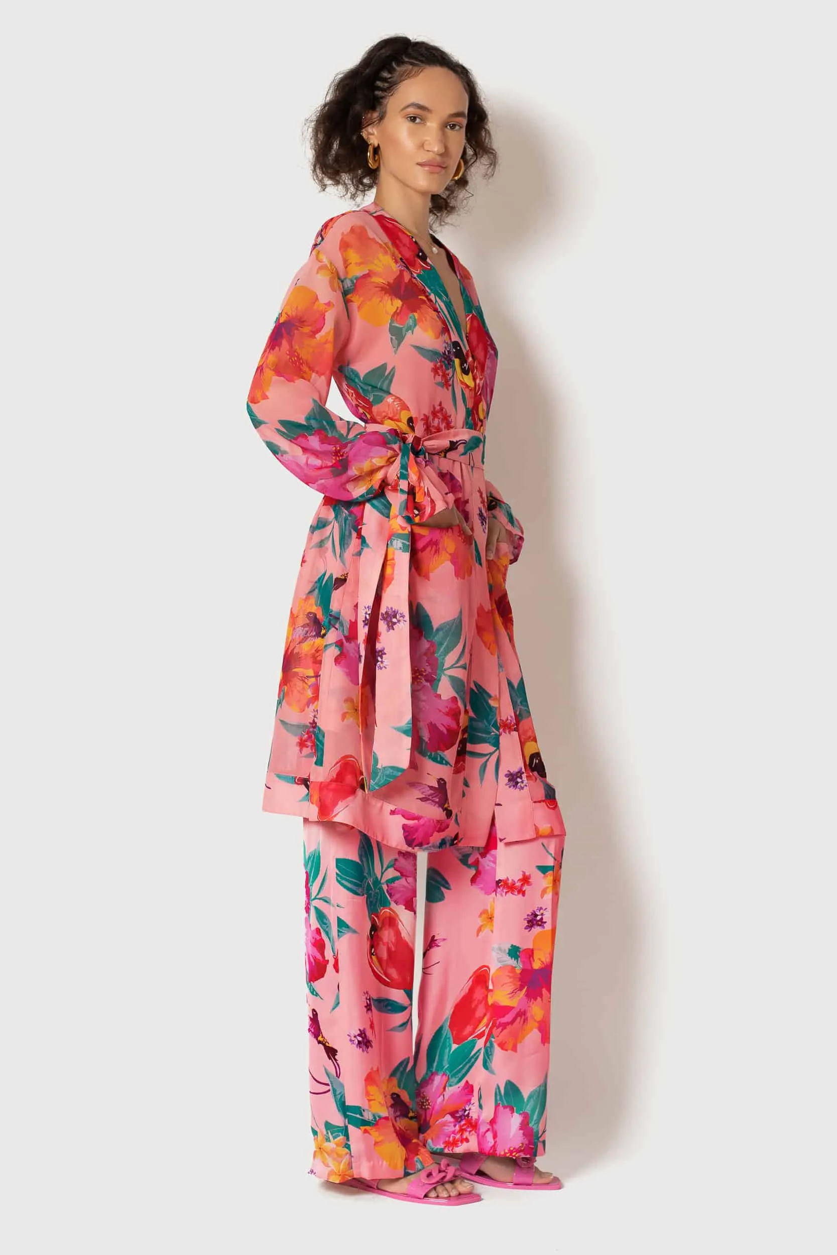 Ackee Print Tie Sleeve Chiffon Painter's Robe