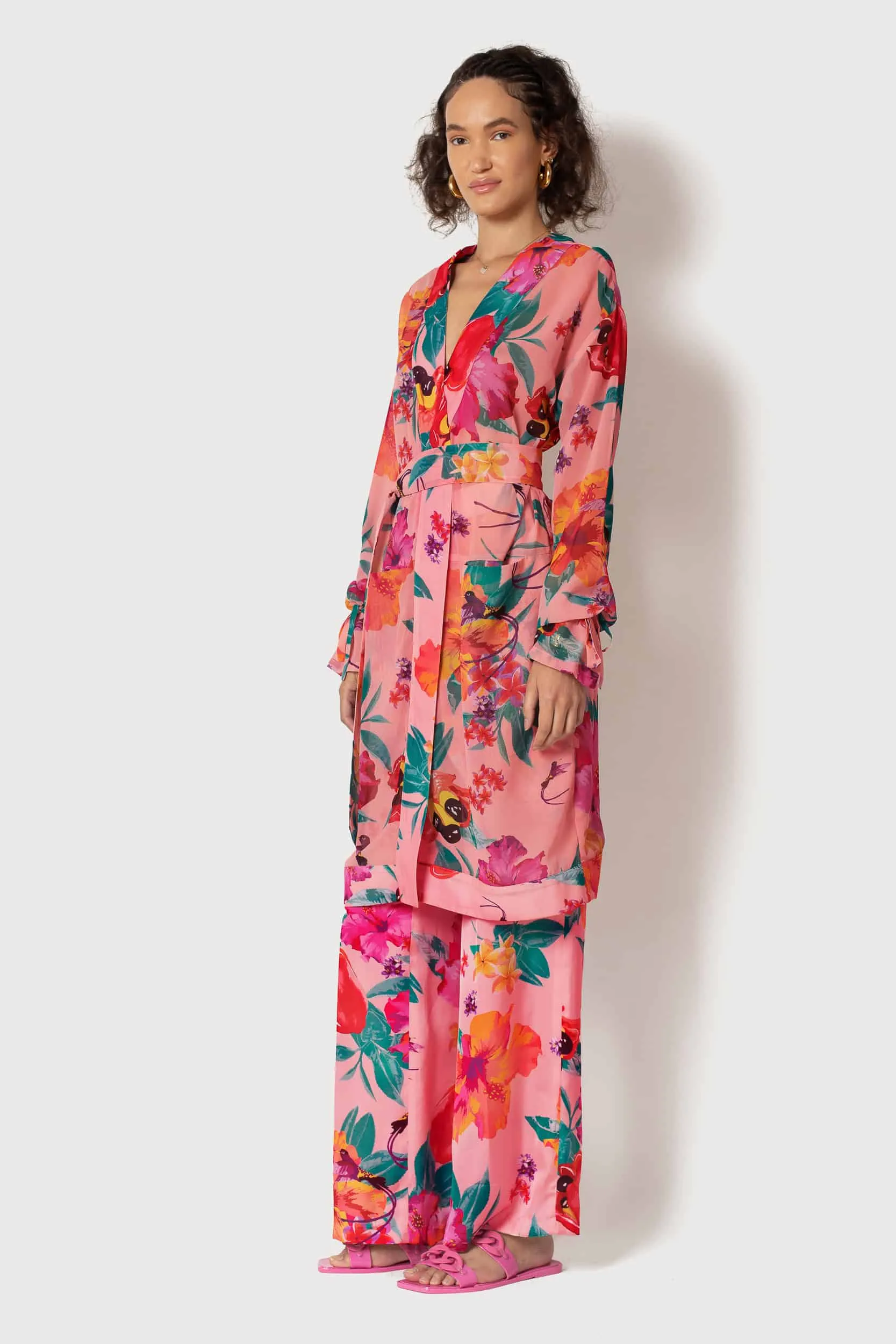 Ackee Print Tie Sleeve Chiffon Painter's Robe