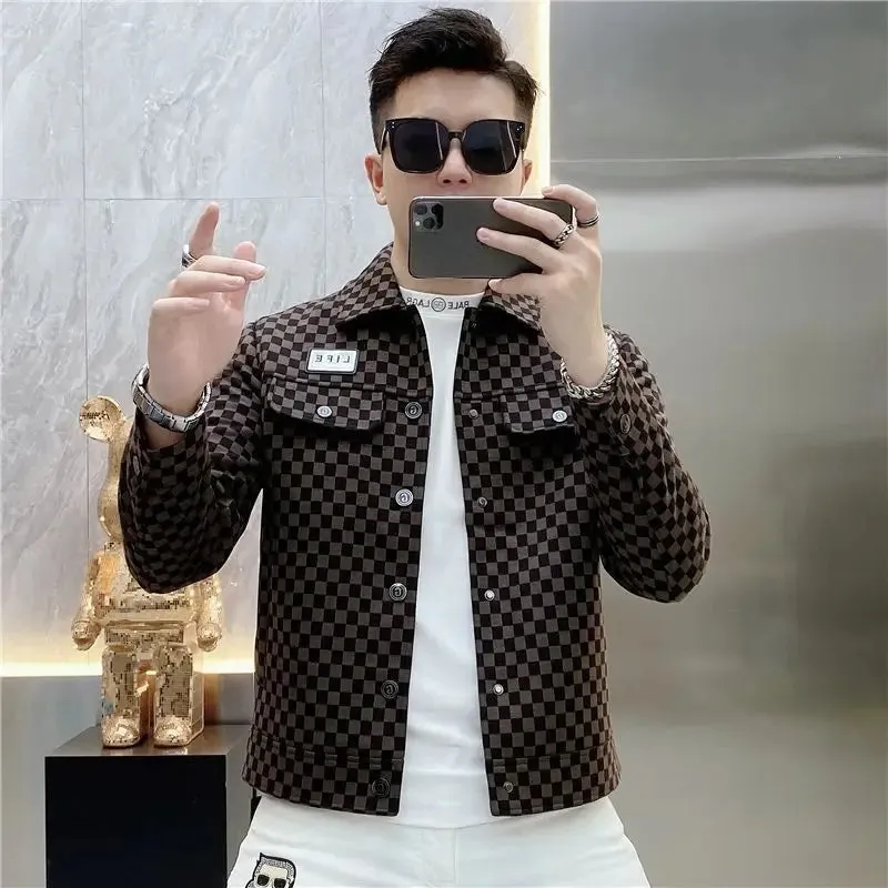 Aidase New Checkered Jacket Men's Trendy Brand Flip Collar High End Fashion Printed Casual Slimming Coat for Men