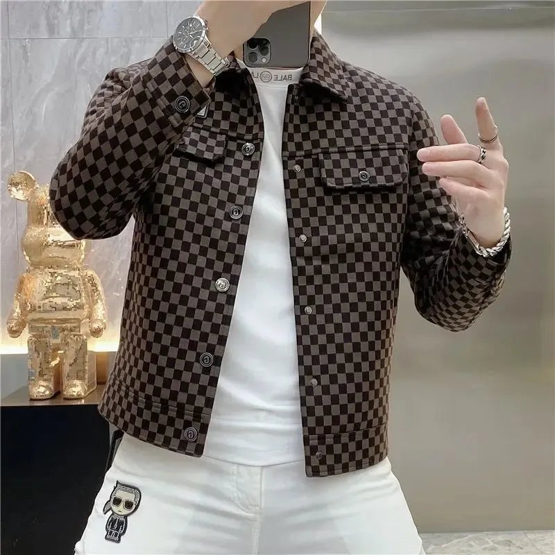 Aidase New Checkered Jacket Men's Trendy Brand Flip Collar High End Fashion Printed Casual Slimming Coat for Men