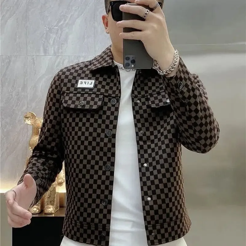 Aidase New Checkered Jacket Men's Trendy Brand Flip Collar High End Fashion Printed Casual Slimming Coat for Men