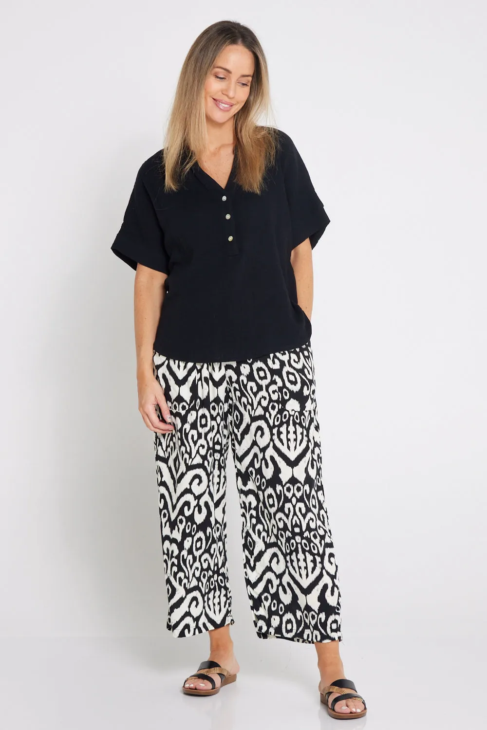 Aiko Lightweight Pants - Black/Ivory Ikat