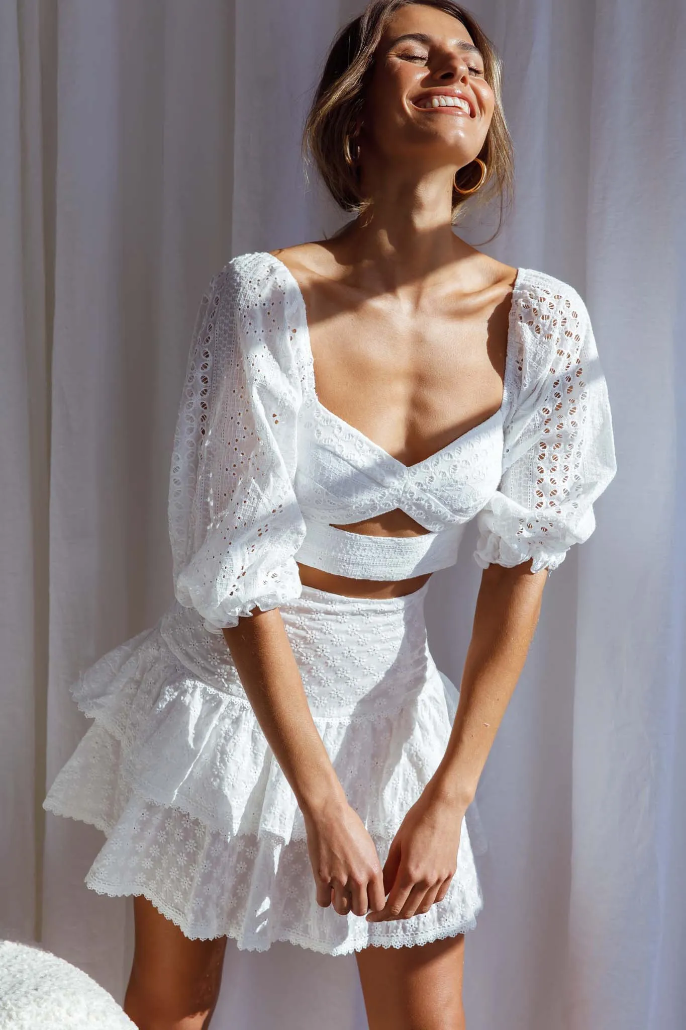 Aisha Puff Sleeve Tie Back Broderie Anglaise Crop Top White