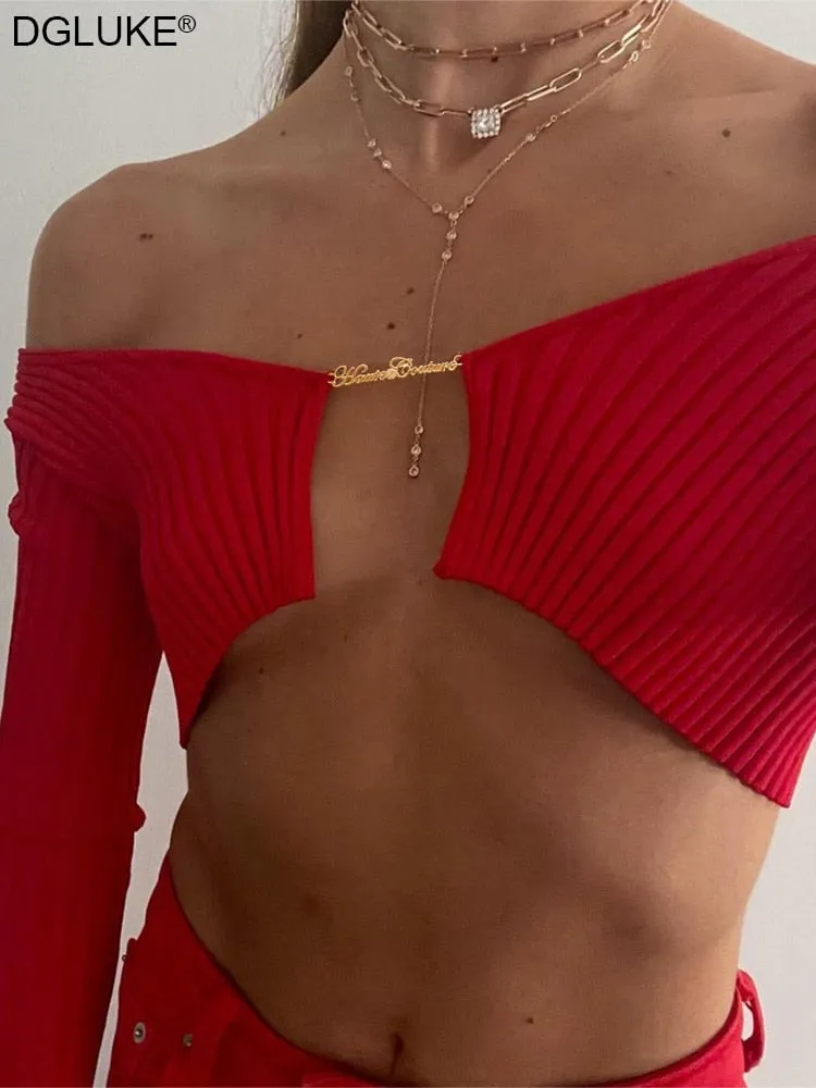 Amozae-Aomzae Spring Autumn   Knitted Cropped Sweater Women Y2K Long Sleeve Crop Top V-Neck Chain Club Party Tops Green Orange Red Black