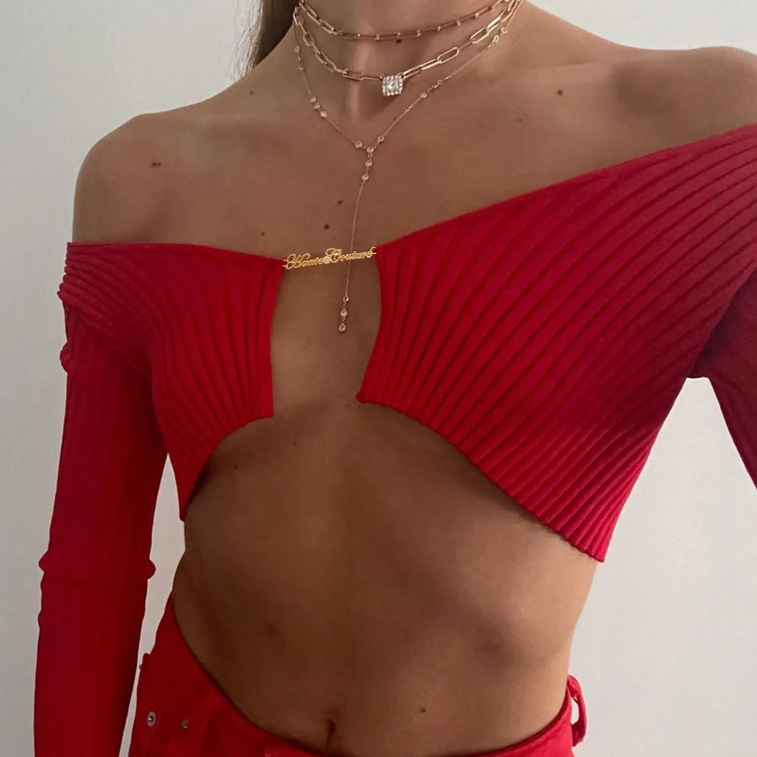 Amozae-Aomzae Spring Autumn   Knitted Cropped Sweater Women Y2K Long Sleeve Crop Top V-Neck Chain Club Party Tops Green Orange Red Black