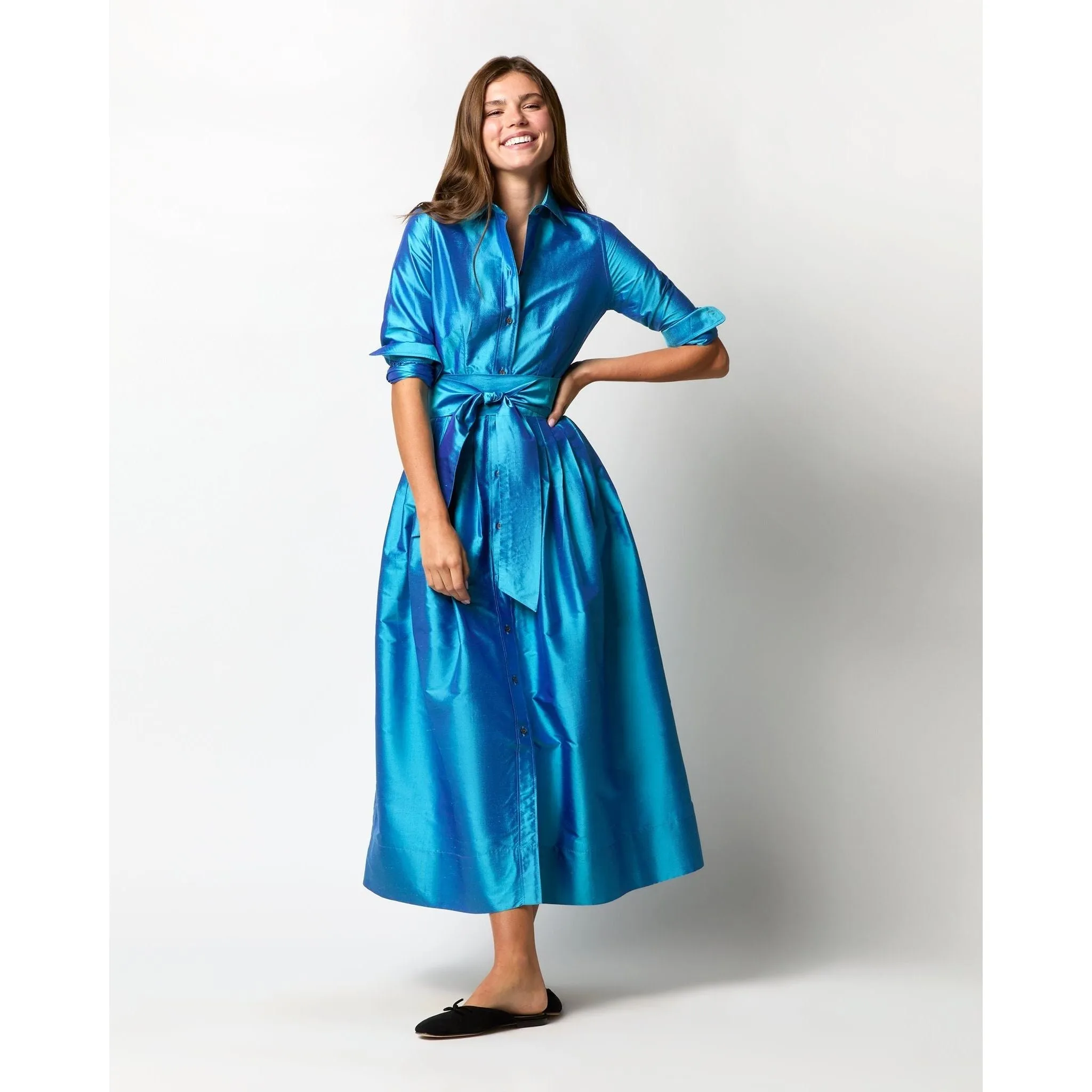 Ann Mashburn Classic Shirtwaist Maxi Dress Azure Iridescent Silk Shantung