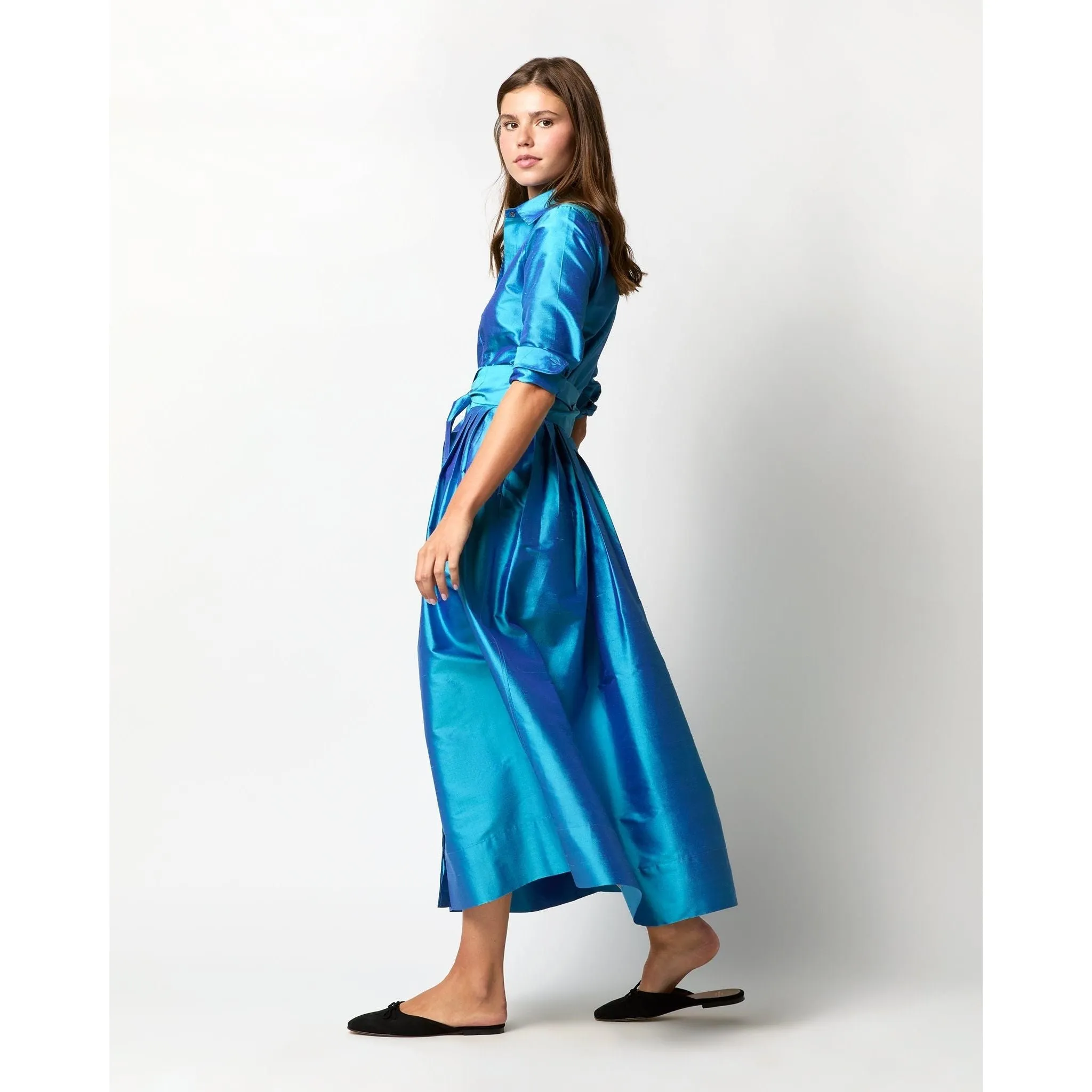 Ann Mashburn Classic Shirtwaist Maxi Dress Azure Iridescent Silk Shantung