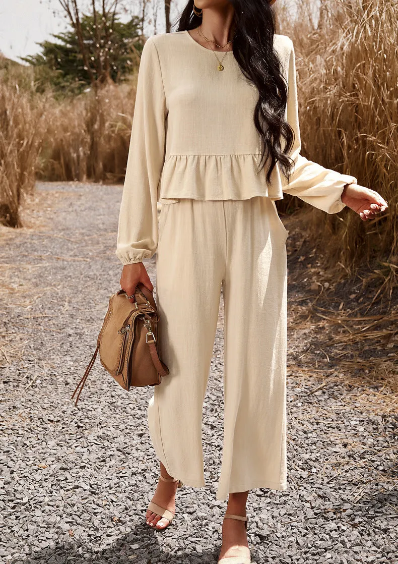 Apricot Blue 2 Piece Sets Long Sleeve Tops Wide Leg Pants