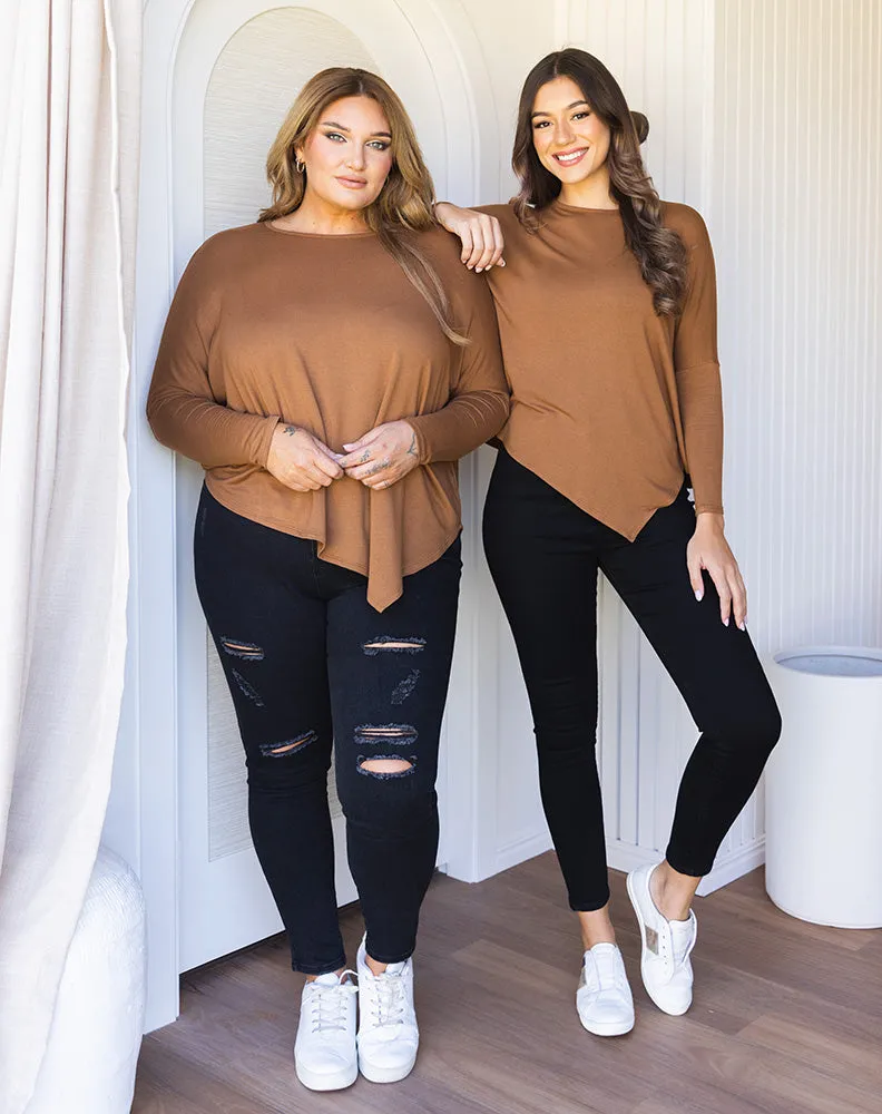 Asymmetrical Top in Tan and White.