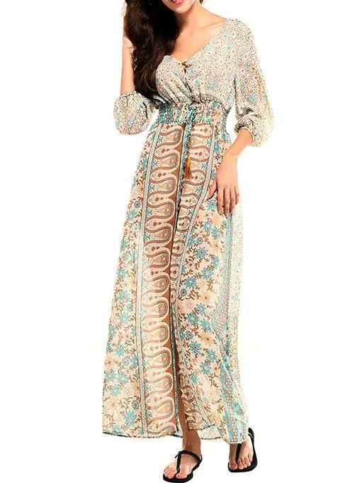 Attractive Bohemia 3/4 Sleeve Front Split Beach Dress Maxi Dress