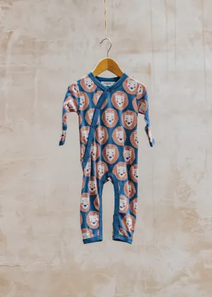 Babies' Lion Face Kimono Romper in Night Blue