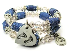 Baby Feet On A Heart Blue Jean Beaded Wrap Bracelet