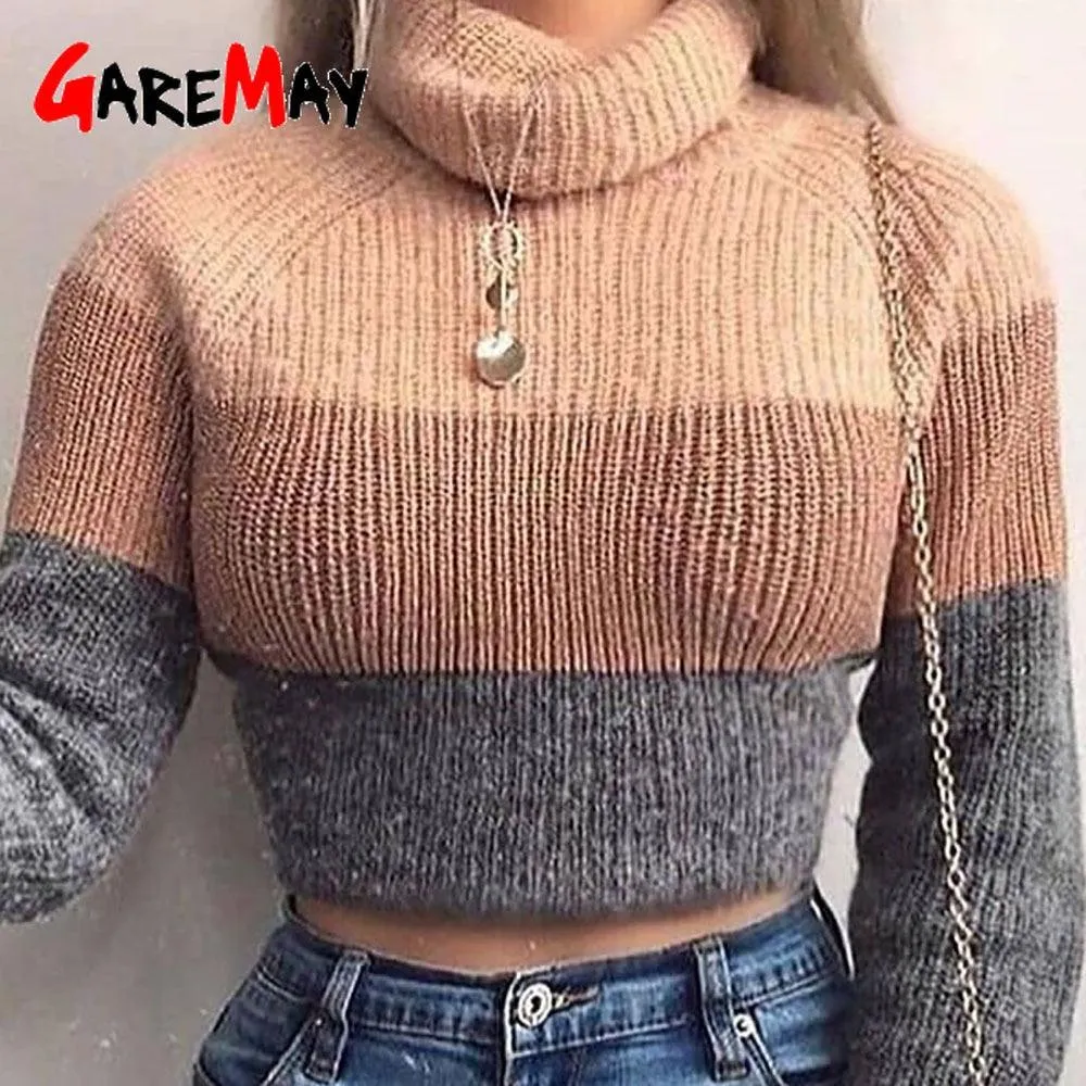 Beautiful Khaki Crop Sweater - Turtleneck Female Cotton Knitted Striped Sweaters - Long Sleeve Autumn Winter Warm Sweaters (TB8C)(F23)