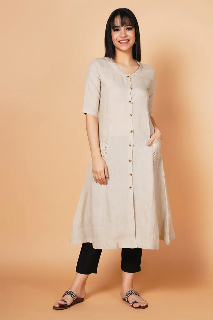 Beige A-line Linen Kurta