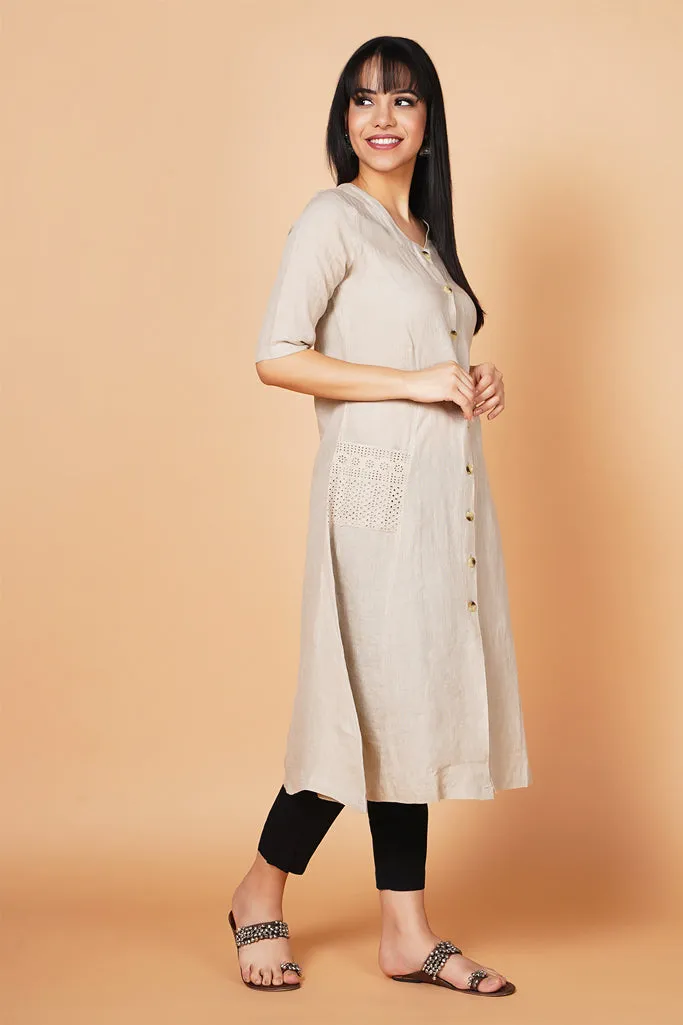 Beige A-line Linen Kurta