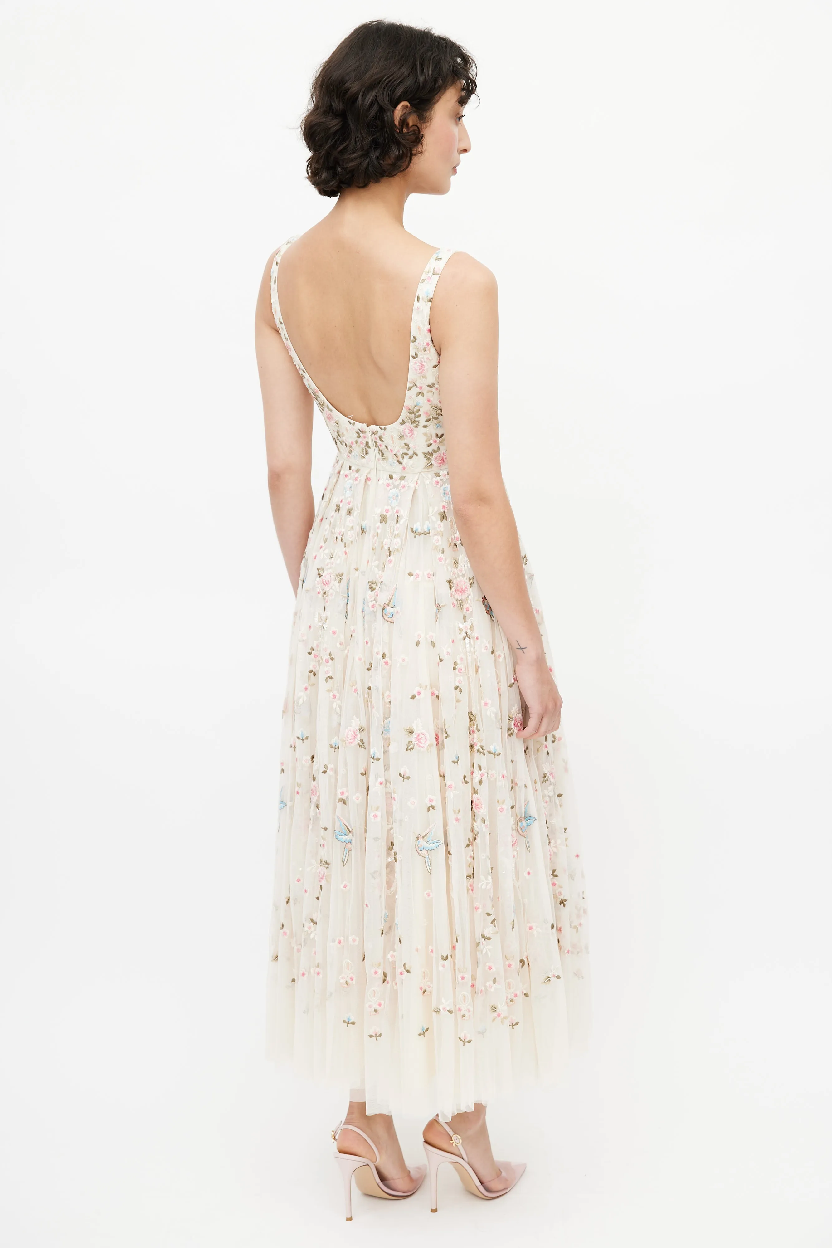 Beige & Multicolour Floral Embroidered Tulle Dress