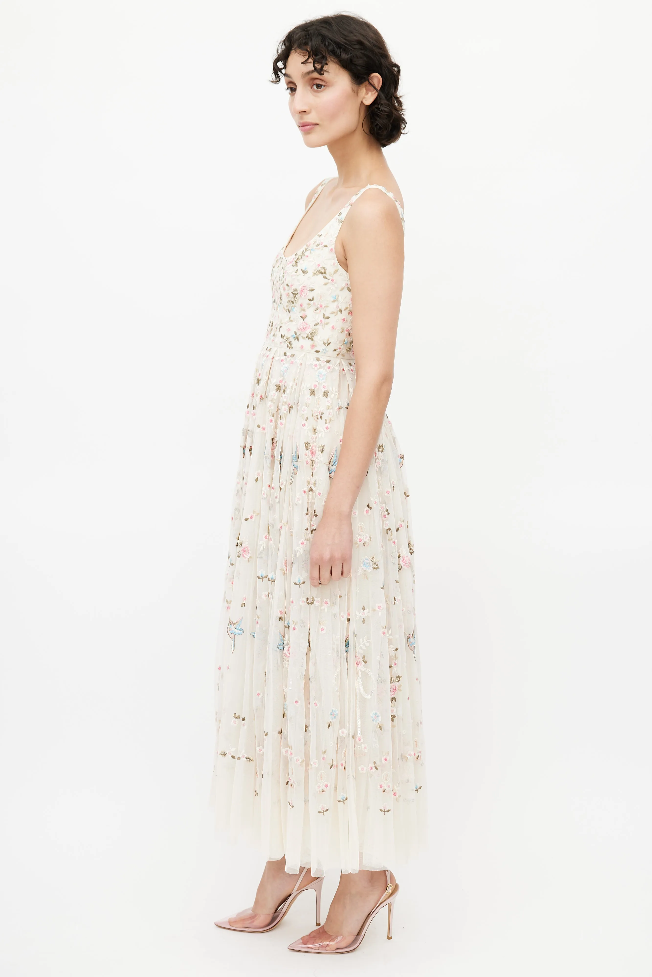 Beige & Multicolour Floral Embroidered Tulle Dress