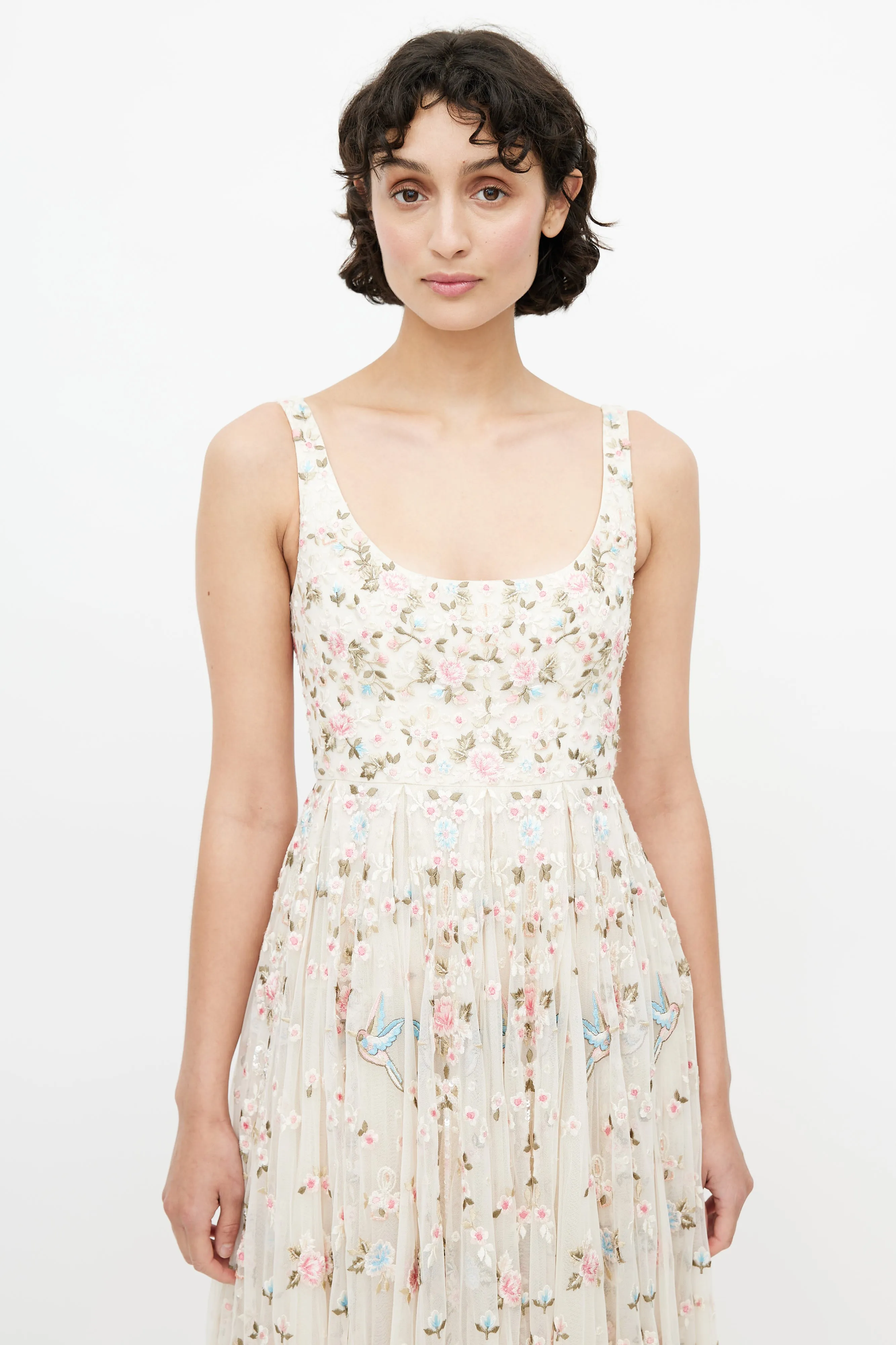 Beige & Multicolour Floral Embroidered Tulle Dress