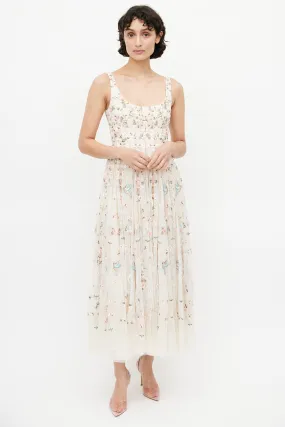 Beige & Multicolour Floral Embroidered Tulle Dress