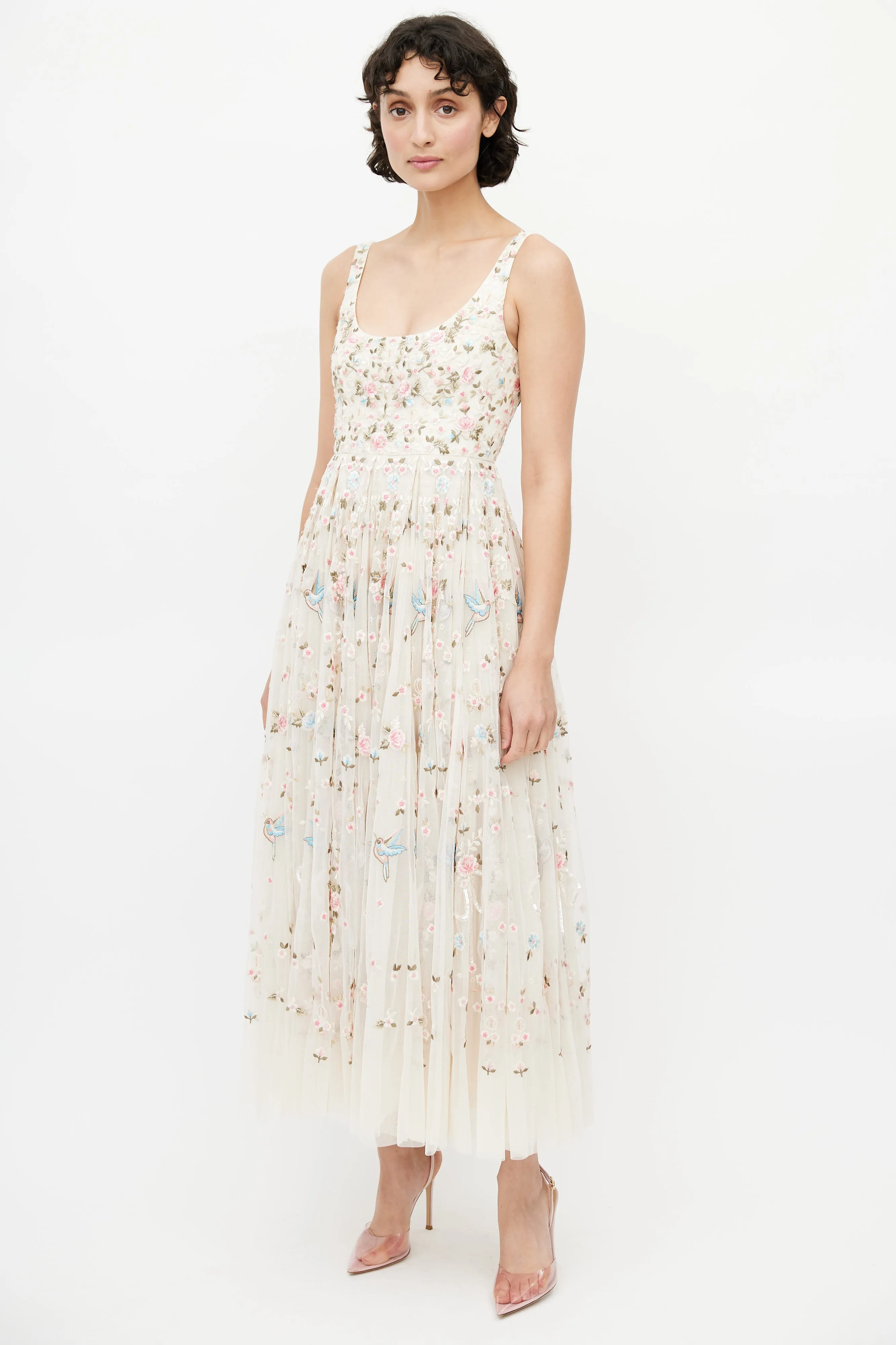 Beige & Multicolour Floral Embroidered Tulle Dress