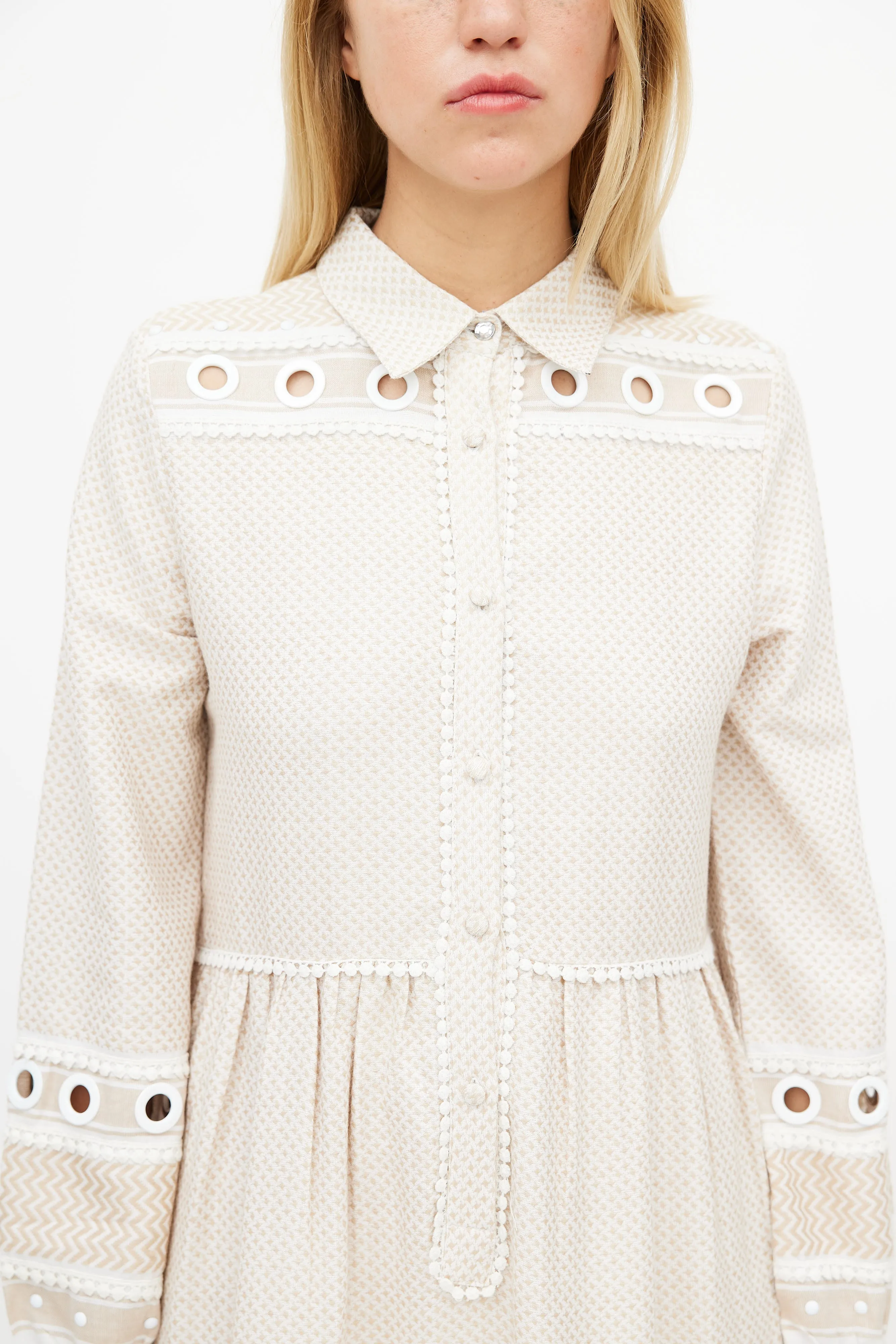 Beige & White Knit Eyelet Dress