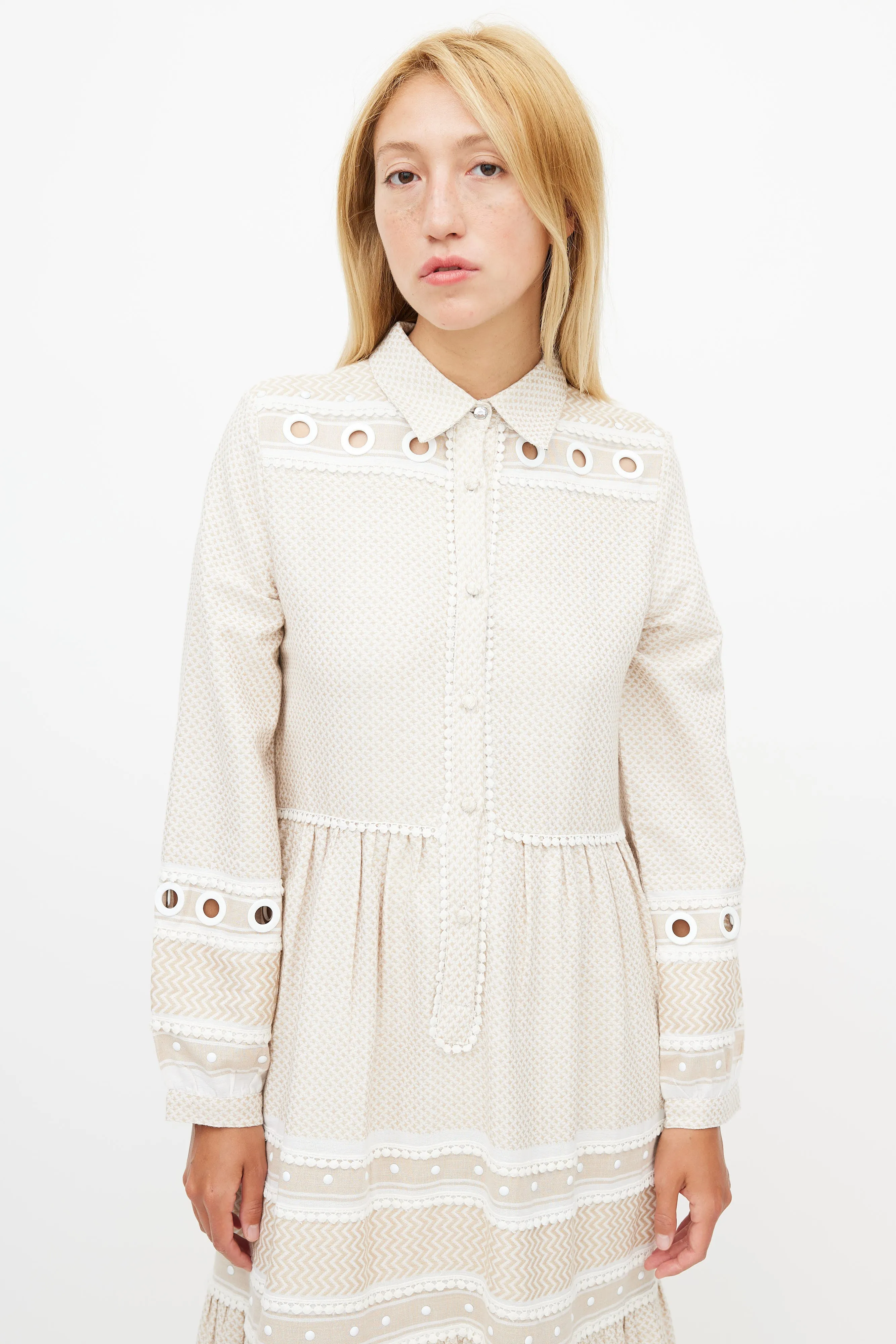 Beige & White Knit Eyelet Dress