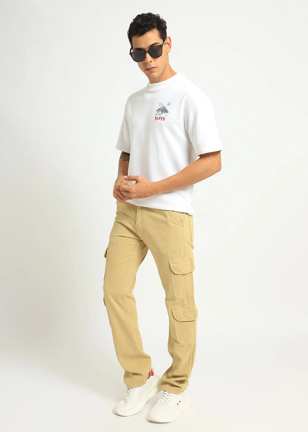 Beige Double Pocket Cargo Denim